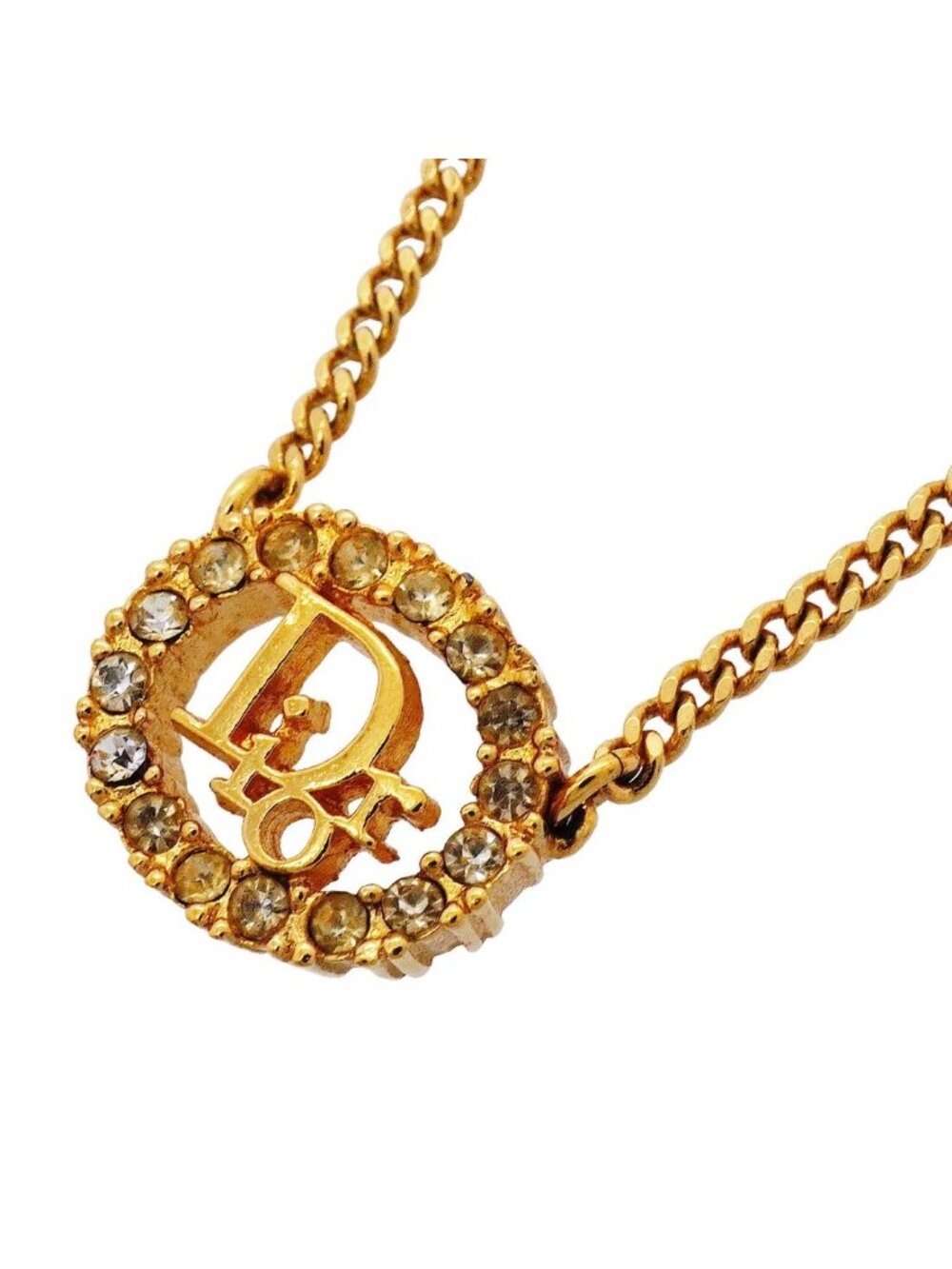 Dior Necklace Logo Oval Gold Plated Rhinestone